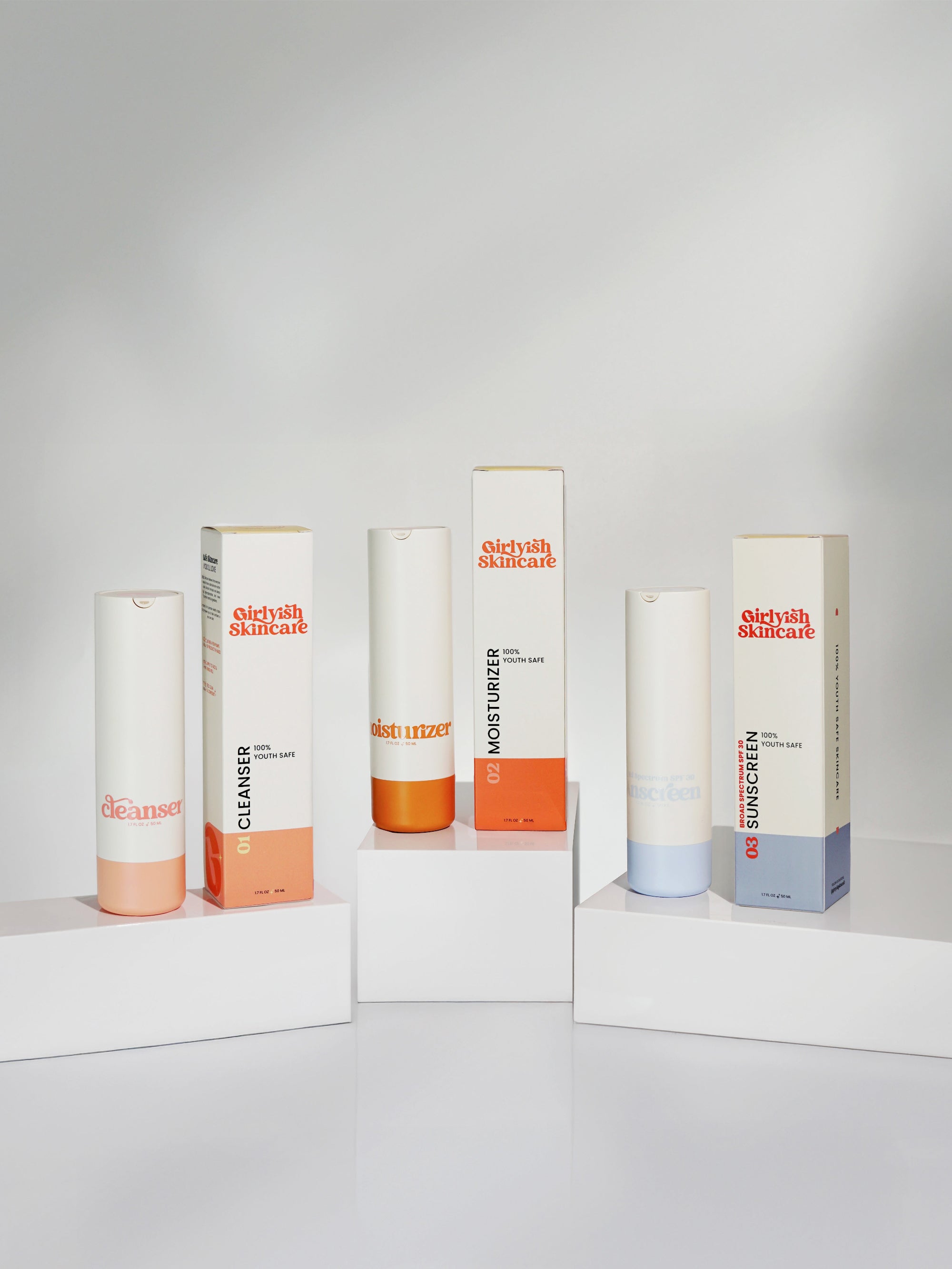 A youth-safe skincare routine that includes cleanser, moisturizer, and sunscreen.