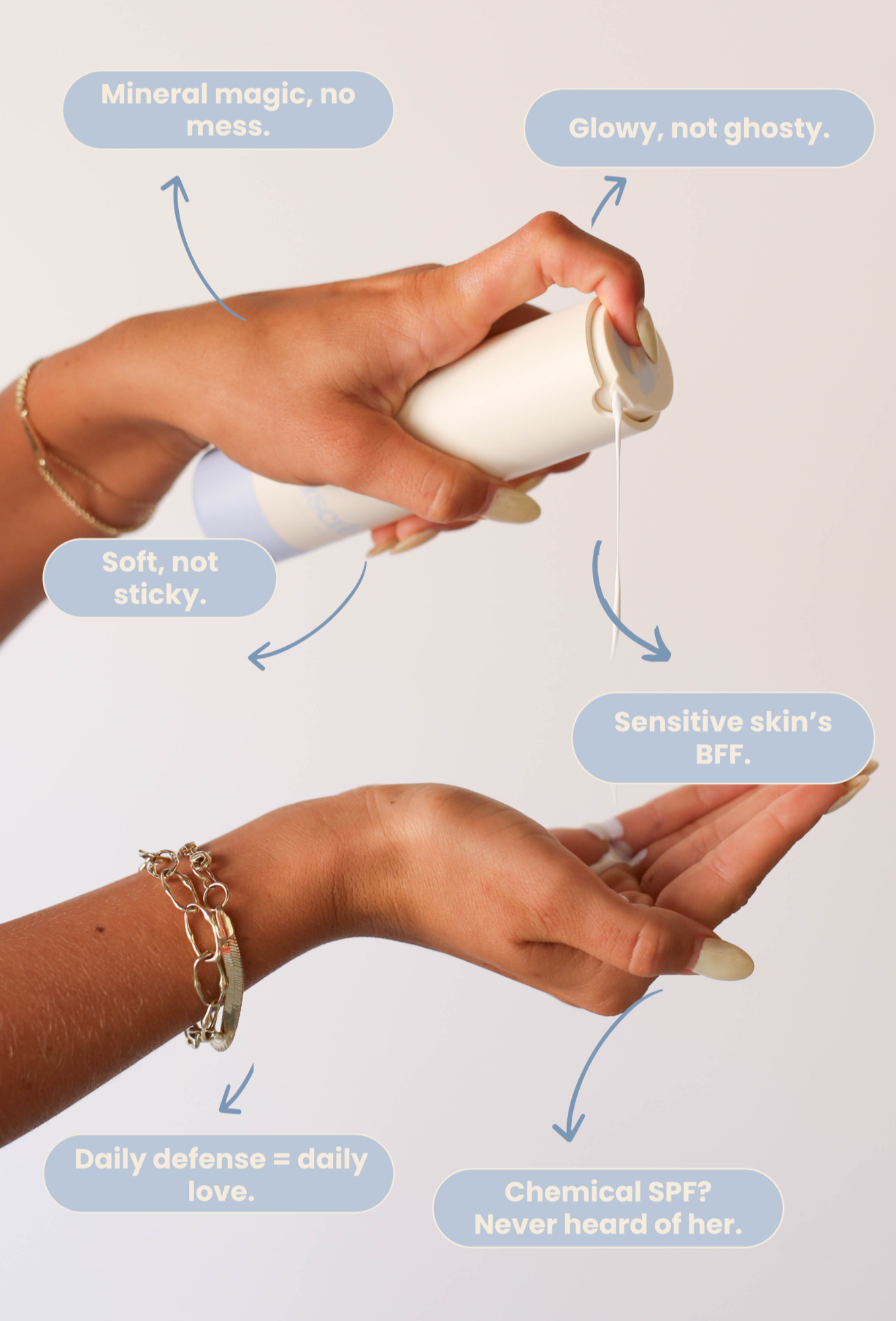 Hands dispensing Girlyish mineral SPF 30 sunscreen into palm with text bubbles highlighting benefits like mineral magic, glowy finish, soft texture, and daily defense for sensitive skin.