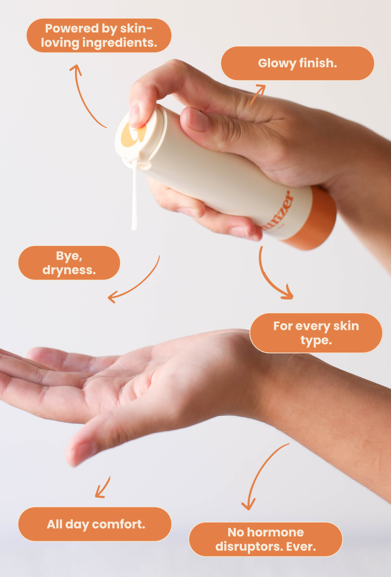 Hands dispensing Girlyish Moisturizer into palm with text bubbles highlighting benefits like skin-loving ingredients, glowy finish, all day comfort, and suitable for every skin type.