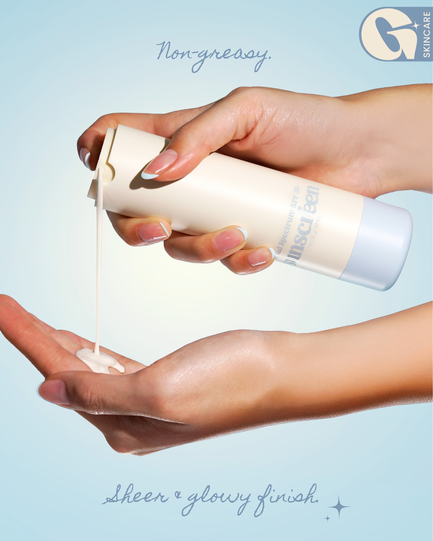 Girlyish Mineral Sunscreen SPF 30 being poured into a hand with a blue background