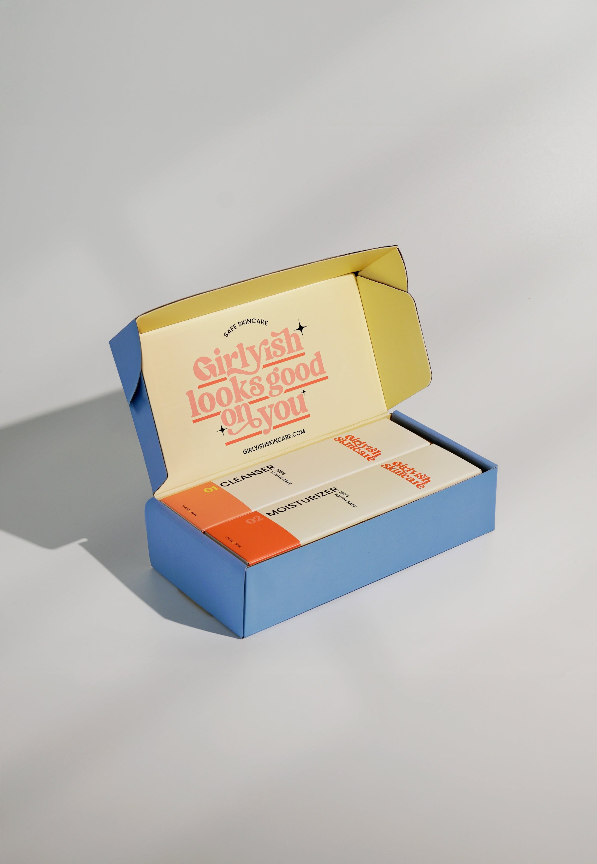 Girlyish Skincare Cleanser and Moisturizer for teens and tweens in mailing box