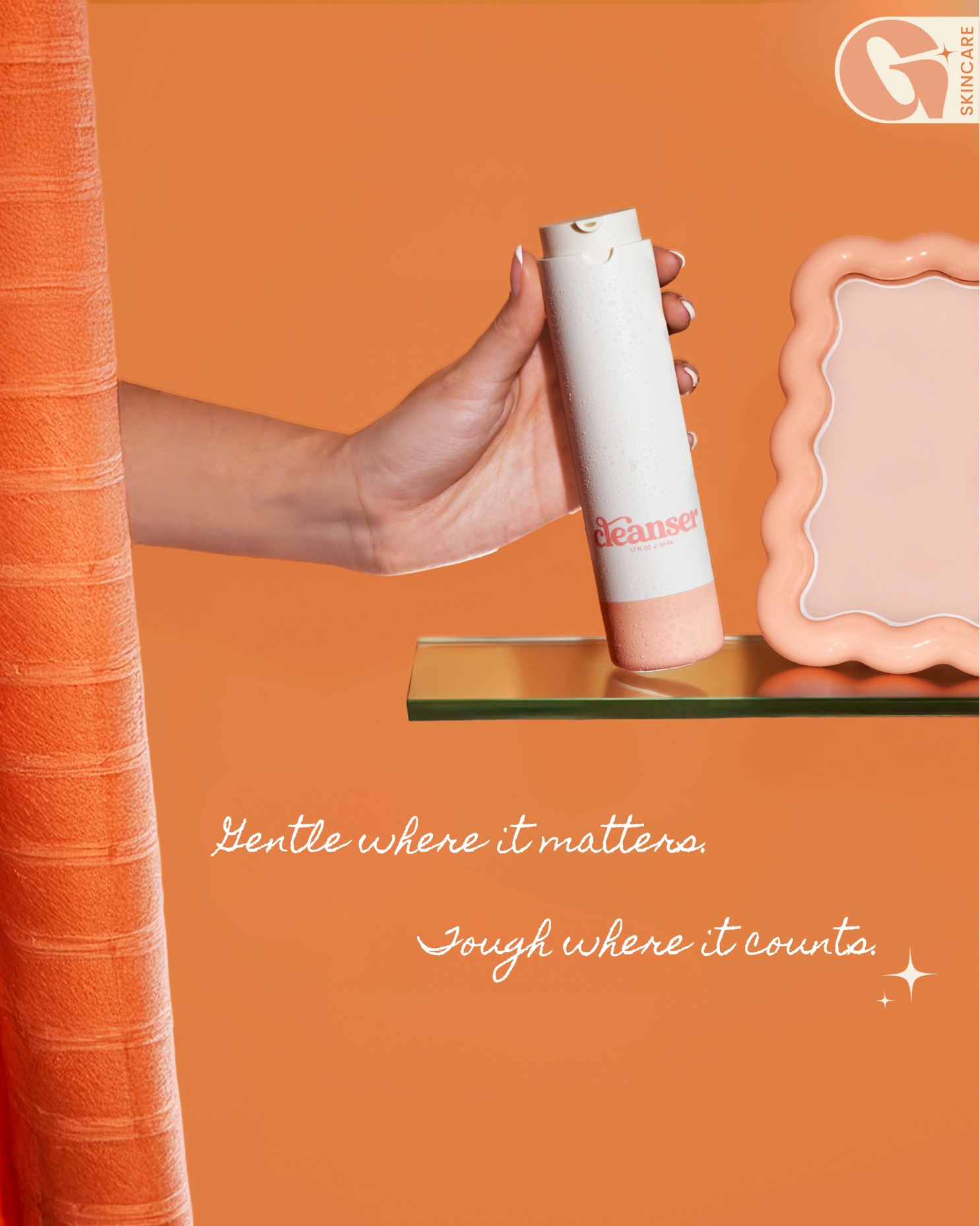 A girl reaching for the Girlyish face Cleanser from behind a shower curtain