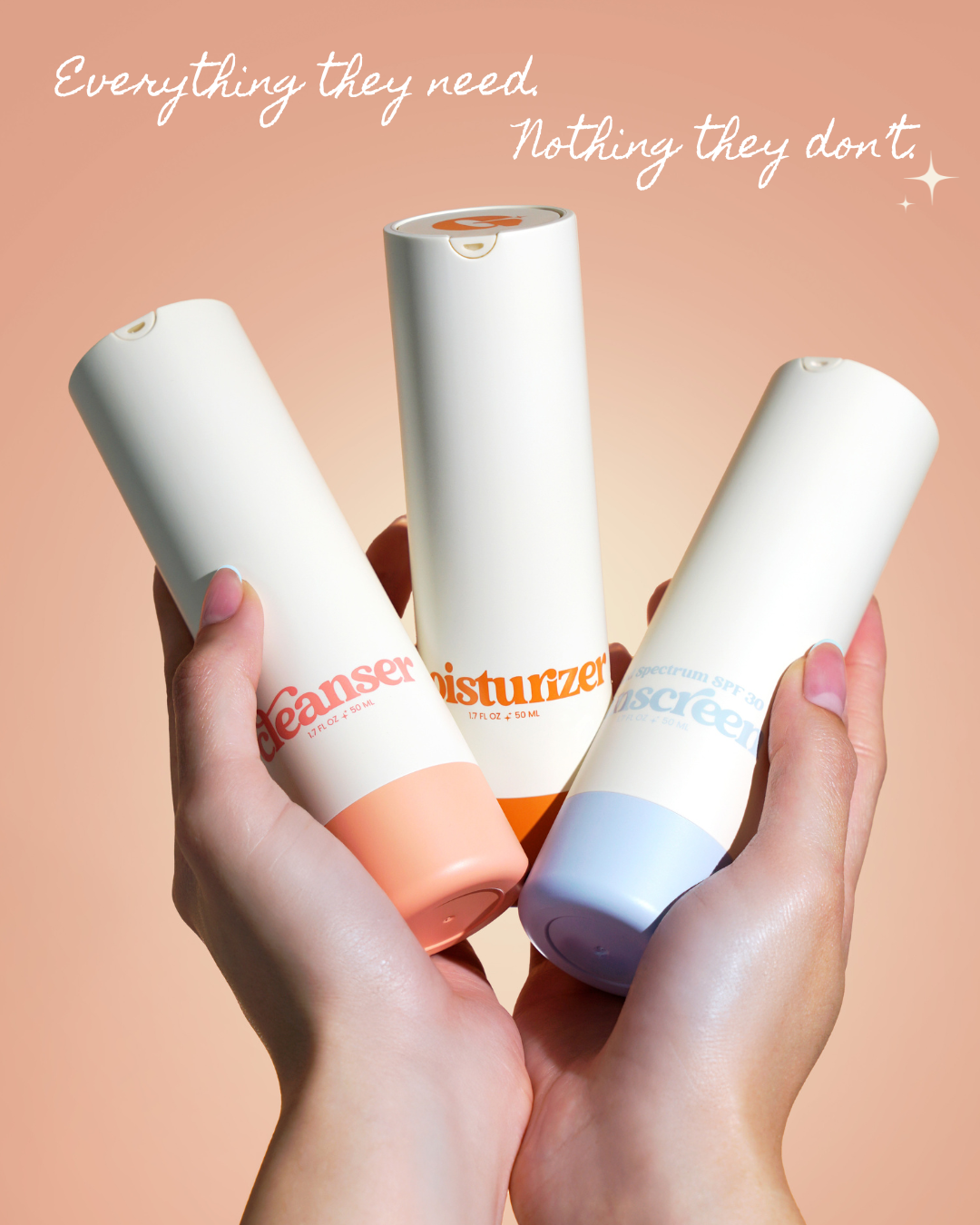 A photo of a woman's hand holding Girlyish cleanser, moisturizer, and sunscreen