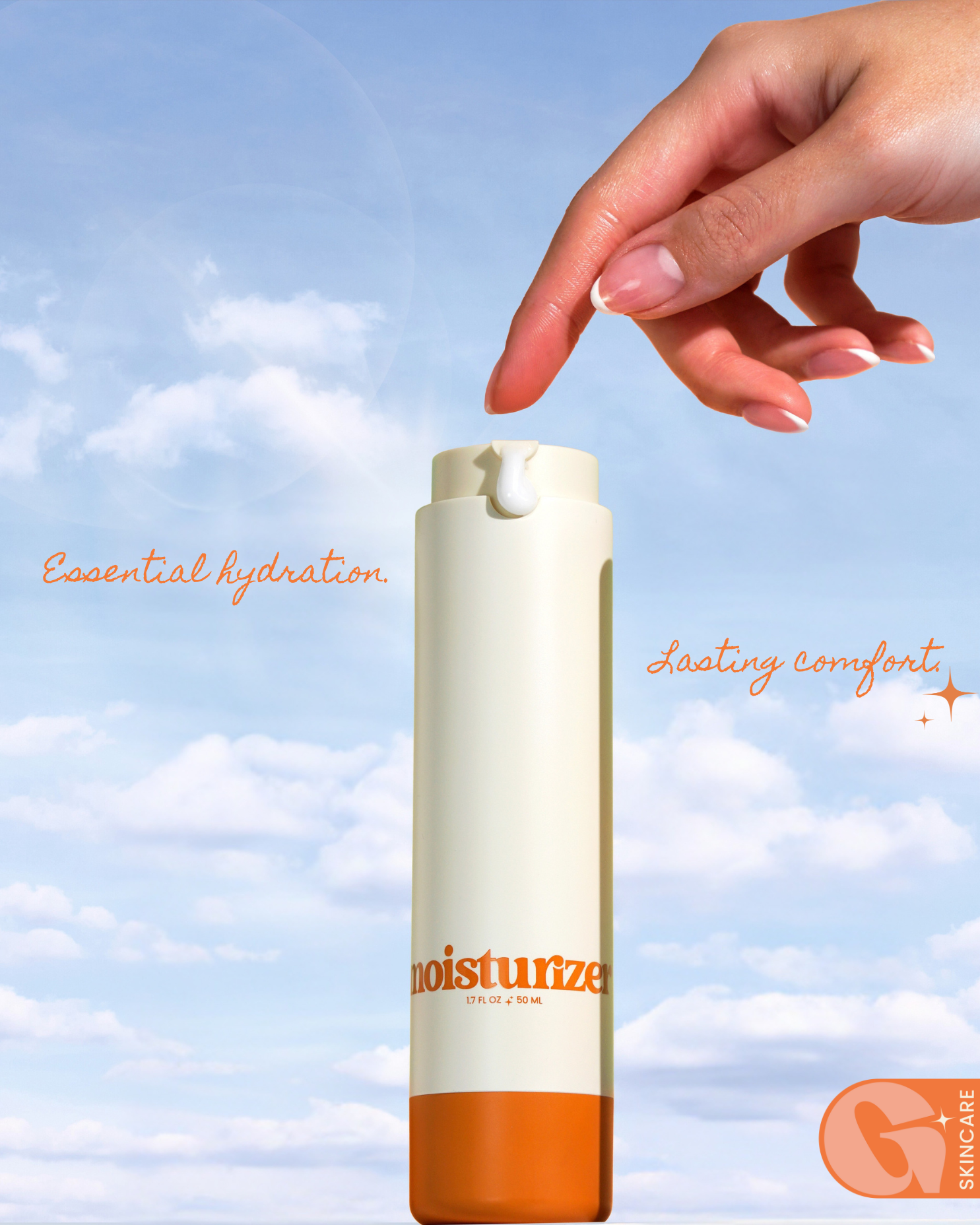 Hand pumping out Girlyish Skincare Moisturizer highlighting 'Essential hydration' and 'Lasting comfort' text against a cloudy sky background.