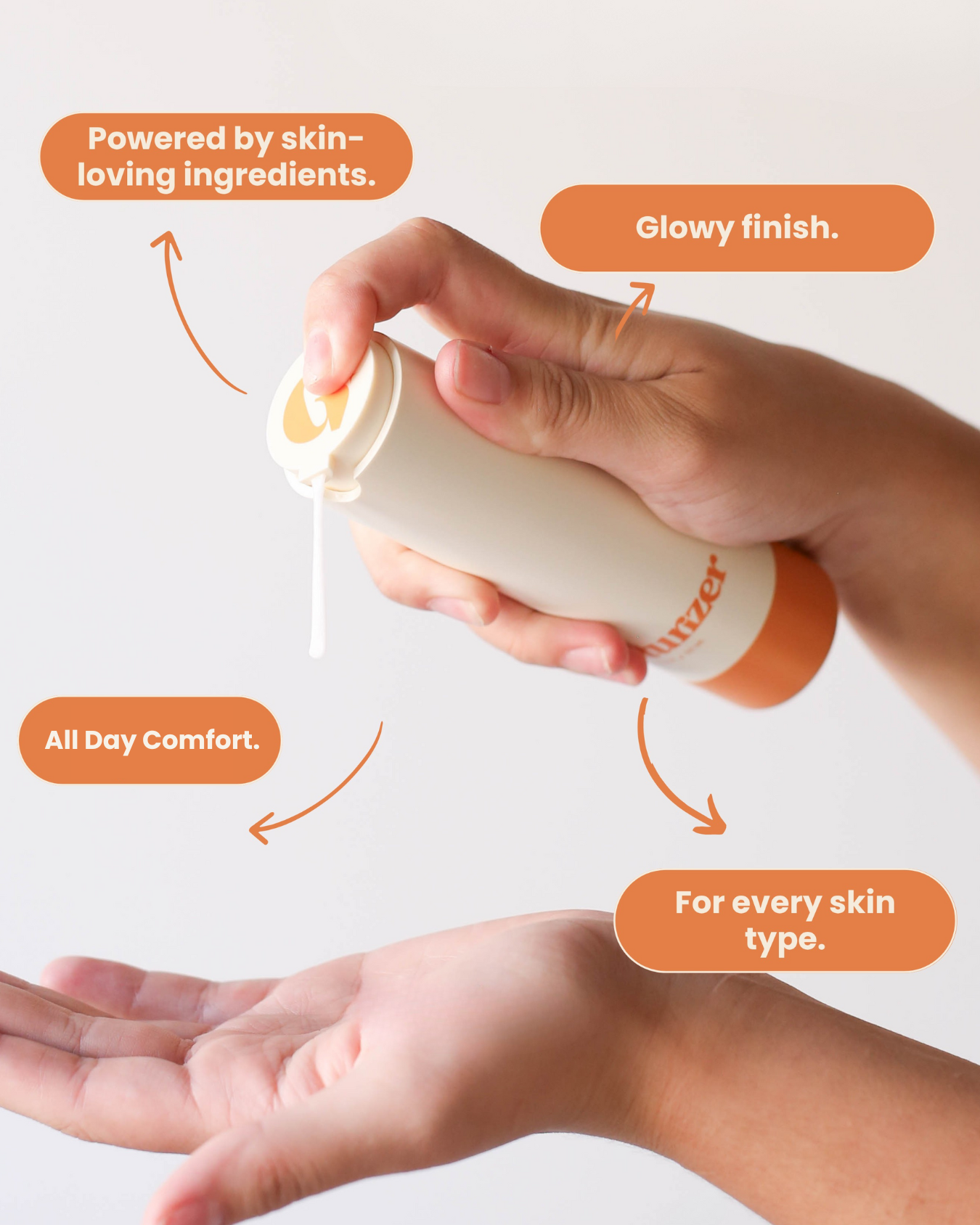 Hand holding GIrlyish skincare Moisturizer with text highlighting features on a light background