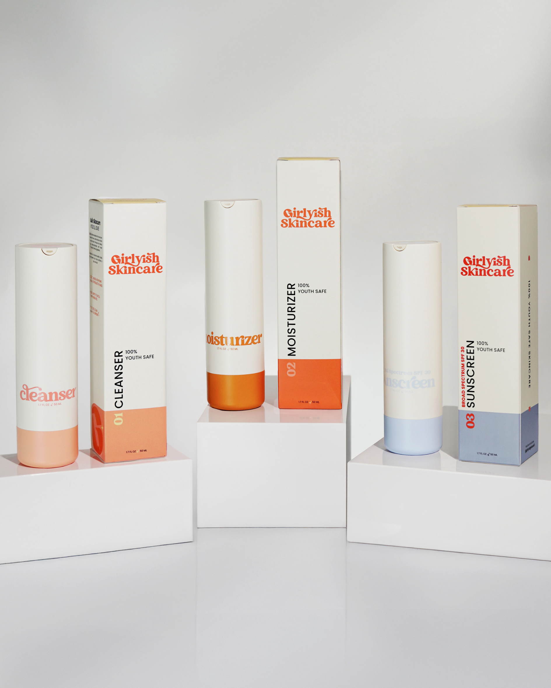 Girlyish Skincare Glowing Girly Routine including cleanser, moisturizer, and sunscreen on a white background