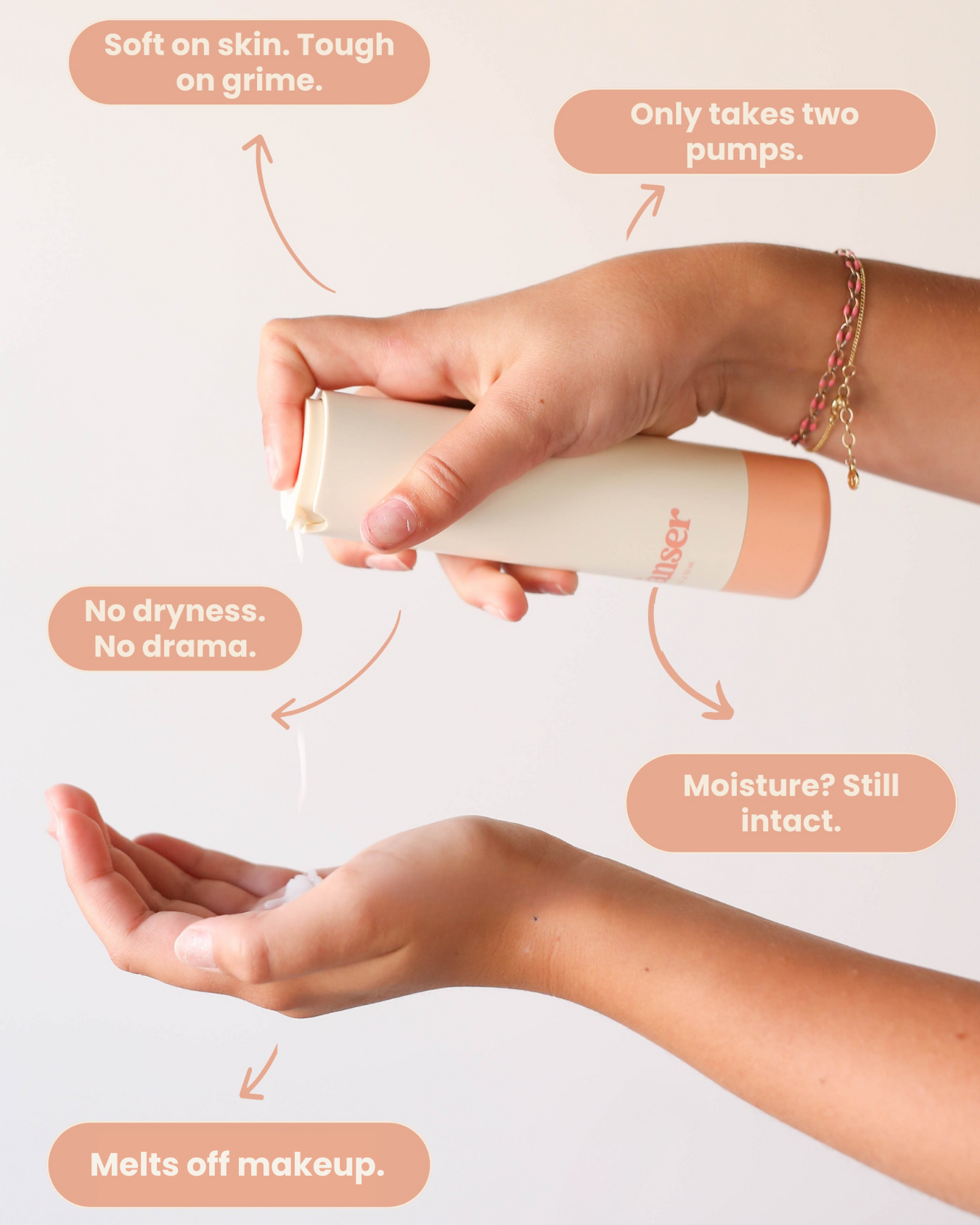 Hand holding a Girlyish Skincare Cleanser with text highlighting its benefits on a light background.