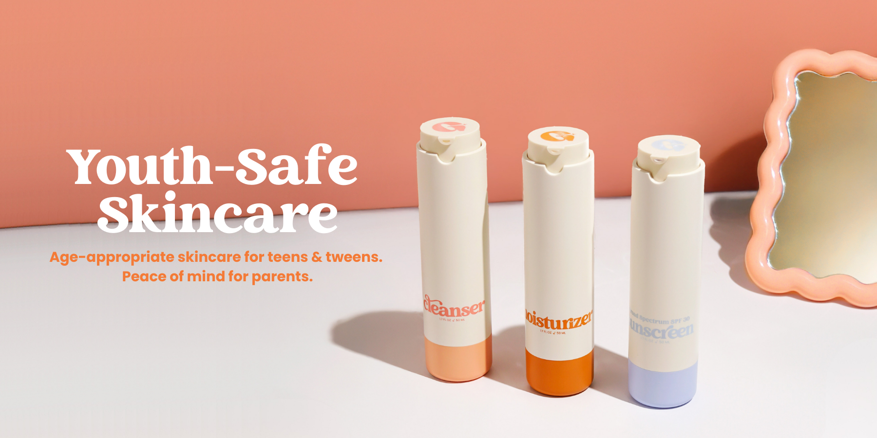 Three Girlyish Skincare bottles of cleanser, moisturizer, and sunscreen. With words on the image that say "Youth-Safe Skincare" and "Age-appropriate skincare for teens & tweens. Peace of mind for parents"