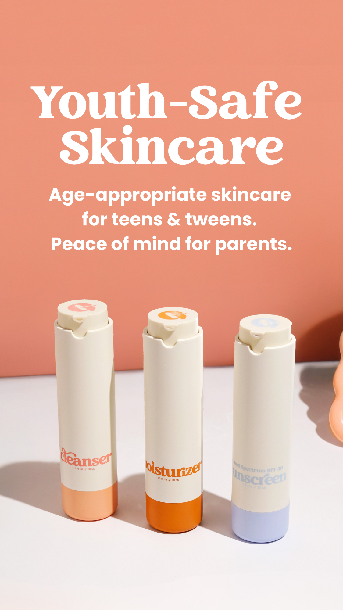 Three Girlyish Skincare bottles of cleanser, moisturizer, and sunscreen. With words on the image that say "Youth-Safe Skincare" and "Age-appropriate skincare for teens & tweens. Peace of mind for parents"