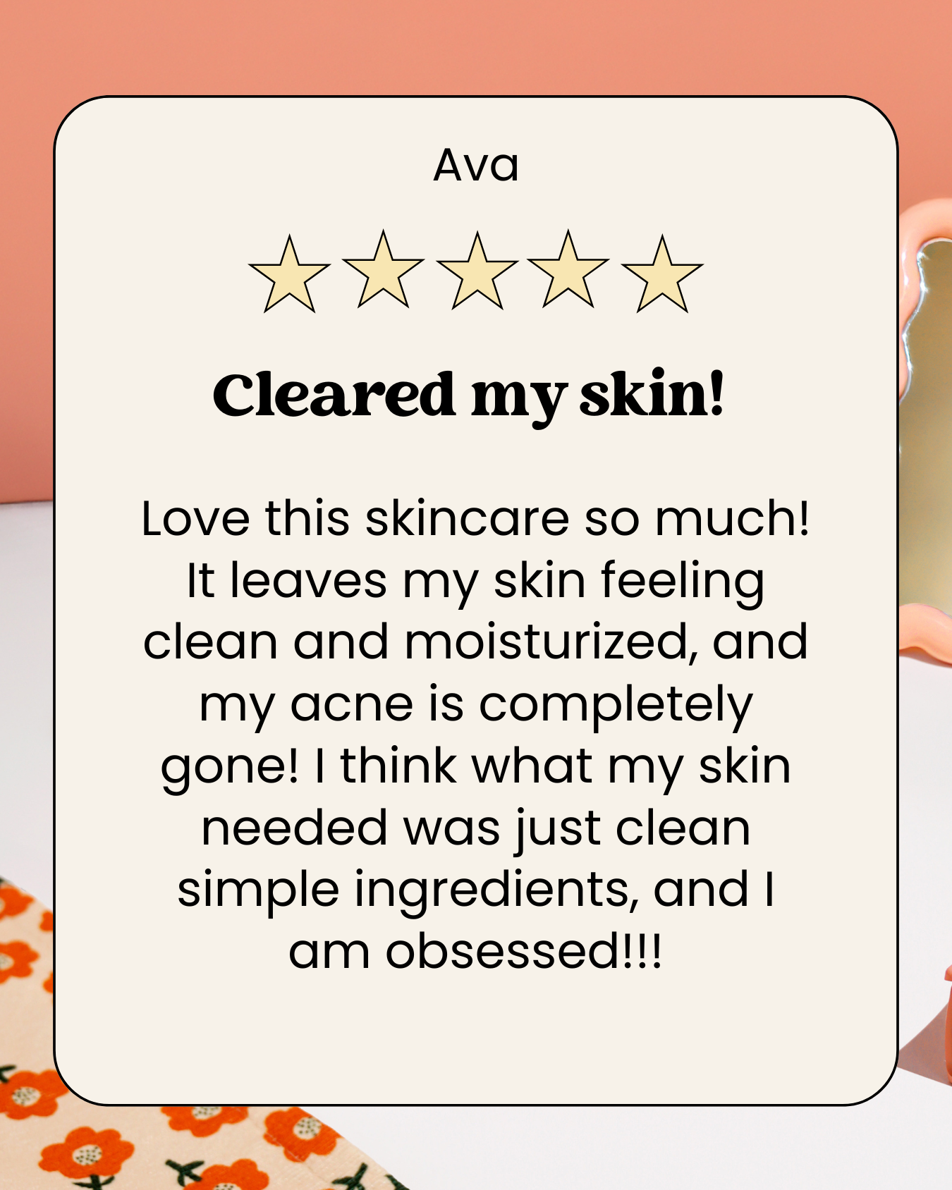 Five-star review card with text praising Girlyish Skincare products for clearing her skin.