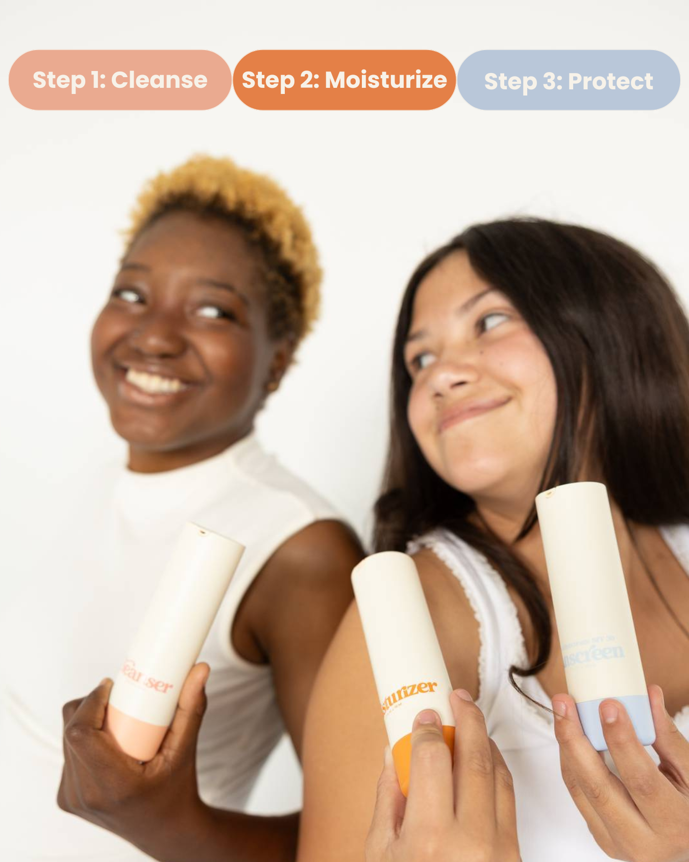 Two girls holding Girlyish Skincare bottles with a step-by-step skincare guide above them.